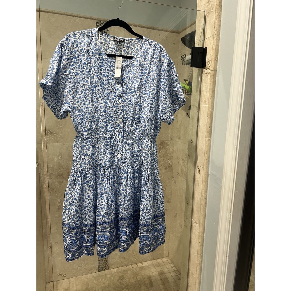 J.Crew Pintuck Mini Shirtdress Bandana Block Print Organic Cotton Blue L NWT